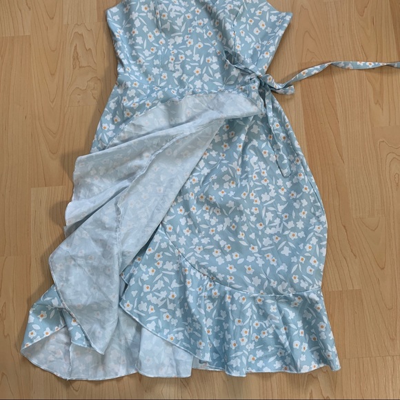 Blue Floral Faux Wrap Dress - Picture 3 of 10